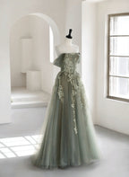 Light Green Tulle Sweetheart A-Line Long Party Dress, Tulle Off Shoulder Classy Prom Dress