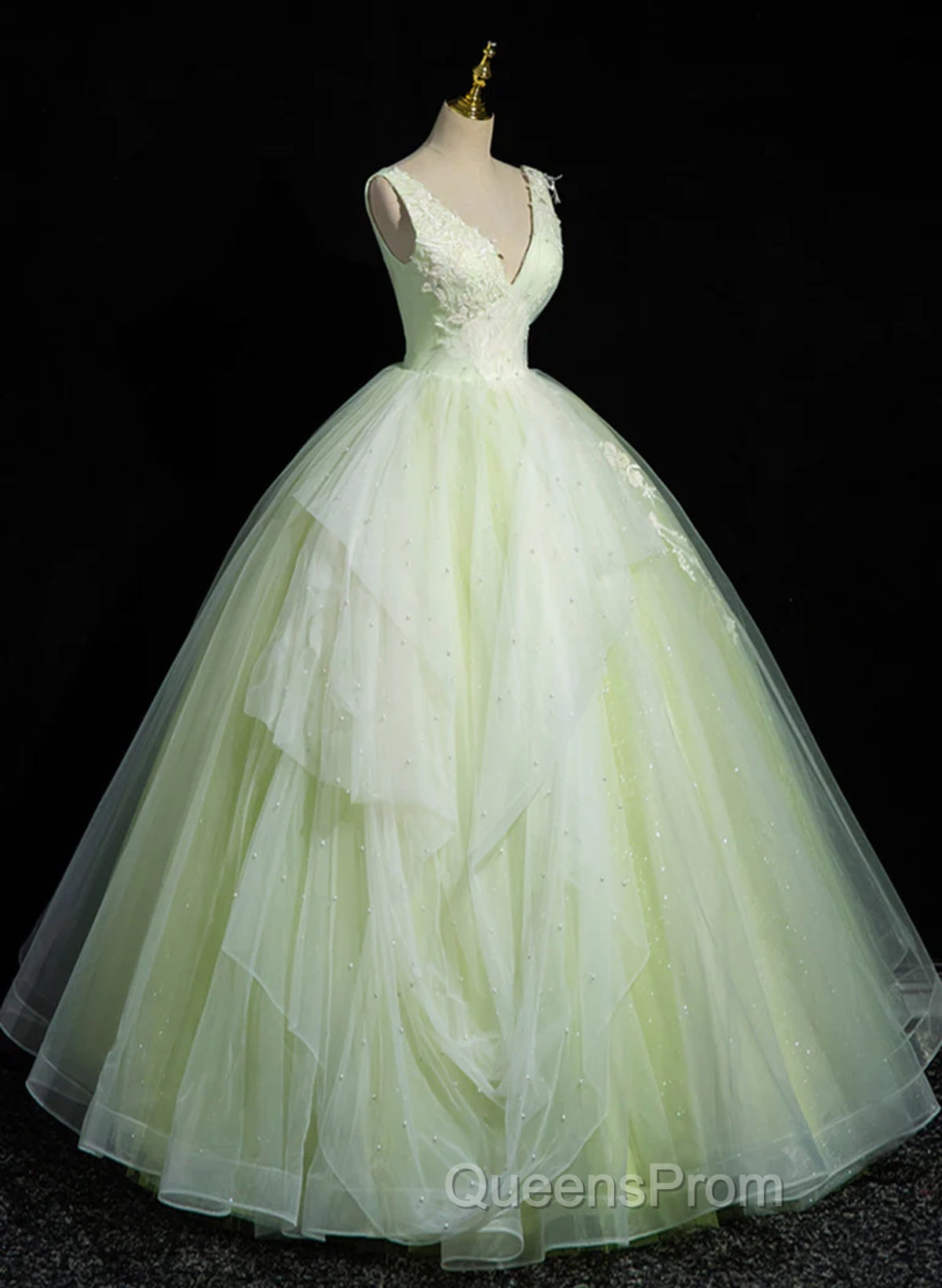 Light Green V-Neckline Tulle Long Party Dress, Light Green Sweet 16 Dress Secondary image