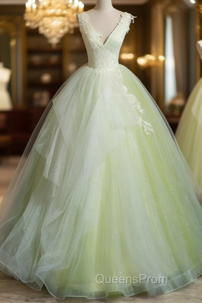 Light Green V-Neckline Tulle Long Party Dress, Light Green Sweet 16 Dress