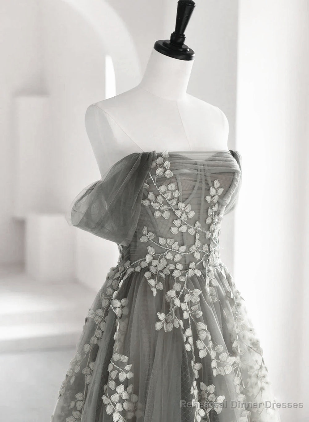 Light Grey A-line Tulle Long Formal Dress, Grey Tulle with Lace Applique Party Dress Secondary image