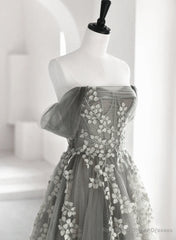 Light Grey A-line Tulle Long Formal Dress, Grey Tulle with Lace Applique Party Dress
