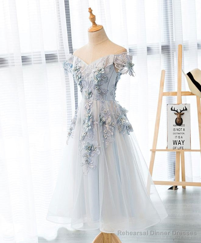 Light Grey Flowers Lace Off Shoulder Short Party Dress, Light Grey Formal Dresses Main image