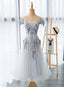 Light Grey Flowers Lace Off Shoulder Short Party Dress, Light Grey Formal Dresses