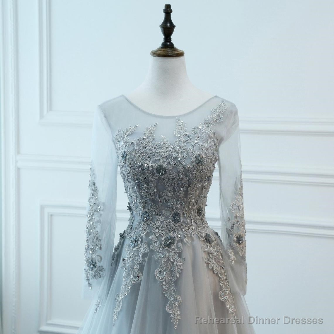 Light Grey Tulle Long Sleeves A-line Prom Dress, Grey Party Dress Formal Dress