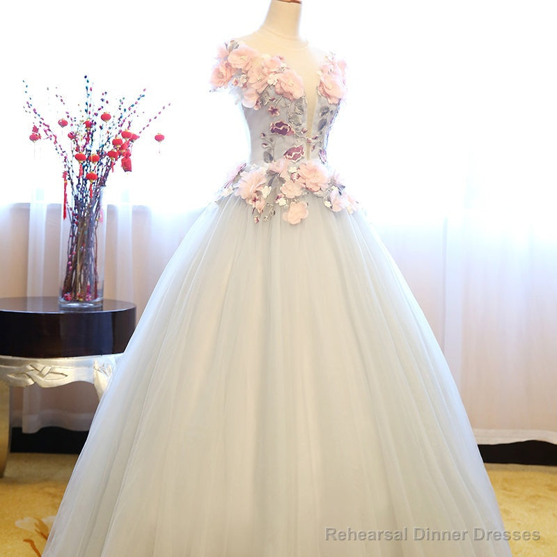 Light Grey Tulle Party Dress, Grey Sweet 16 Flowers Gown Secondary image