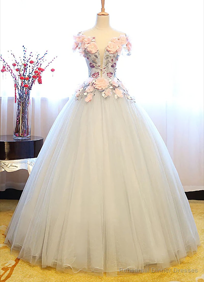 Light Grey Tulle Party Dress, Grey Sweet 16 Flowers Gown Main image