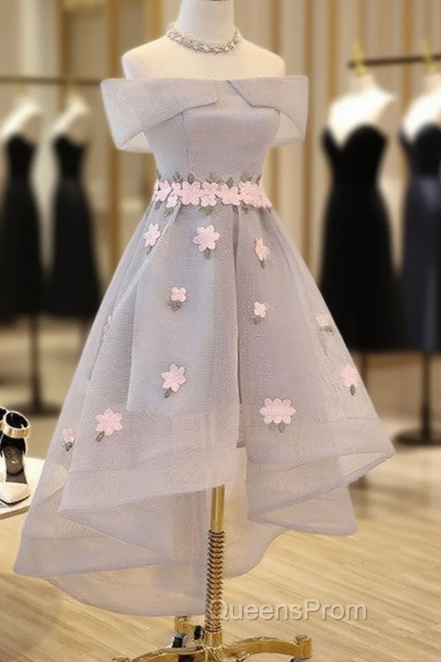 Light Grey Tulle With Flowers High Low Fashionable Party Dress, Grey Homecoming Dress Main image