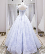 Light Lace Long Party Dress, A-line Cap Sleeves Beaded Prom Dress