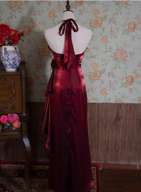 Light Luxury Retro Halterneck Sleeveless Three-dimensional Flower Backless Long Prom Dress Secondary image