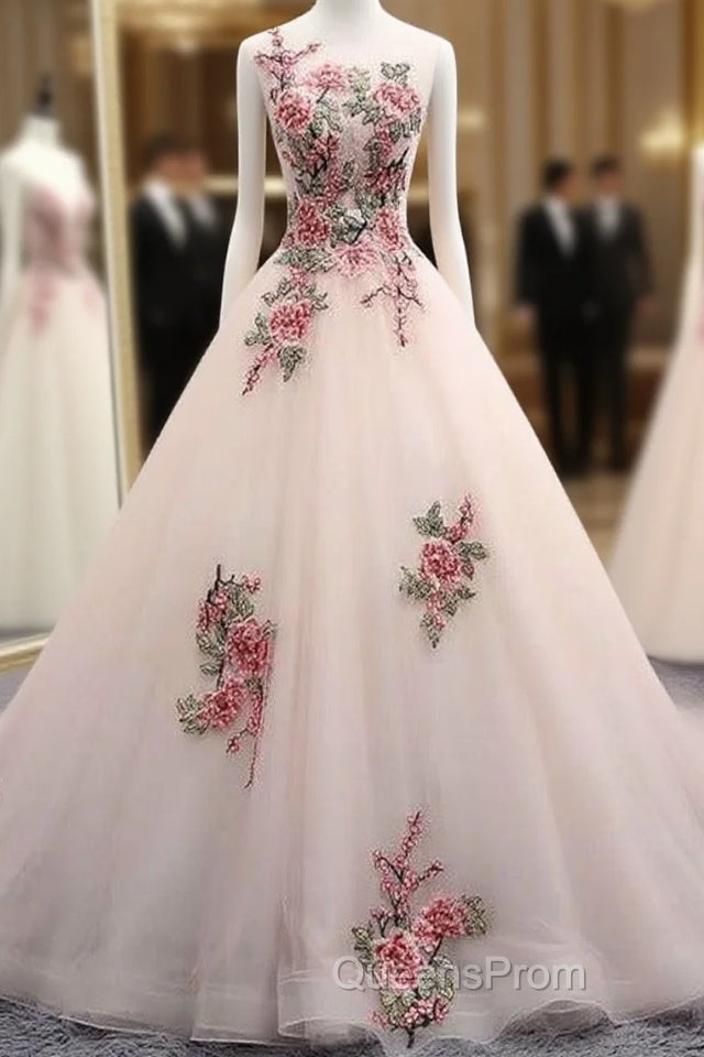 Light Pink Ball Gown Quinceanera Dress With Flowers Embroidery, Pink Tulle And Organza Party Dress Main image