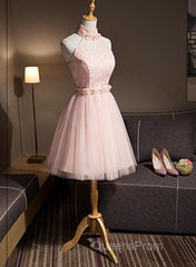 Light Pink Halter Tulle And Lace Lovely Knee Length Formal Dress, Cute Party Dress, Pink Evening Prom Dress