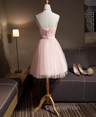 Light Pink Halter Tulle And Lace Lovely Knee Length Formal Dress, Cute Party Dress, Pink Evening Prom Dress