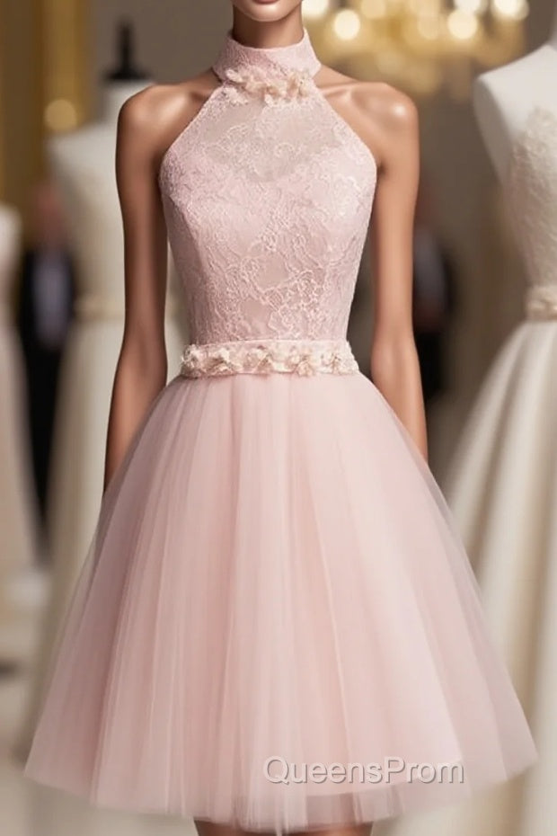 Light Pink Halter Tulle And Lace Lovely Knee Length Formal Dress, Cute Party Dress, Pink Evening Prom Dress Main image