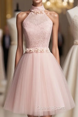 Light Pink Halter Tulle And Lace Lovely Knee Length Formal Dress, Cute Party Dress, Pink Evening Prom Dress