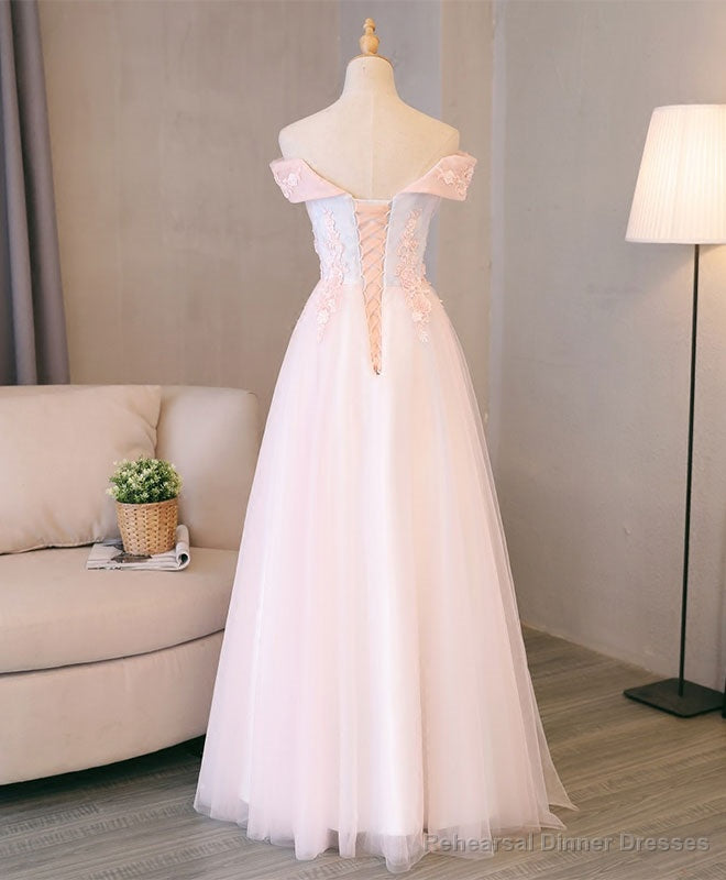 Light Pink Lace Off Shoulder Long Prom Dress, Pink Evening Dress Secondary image