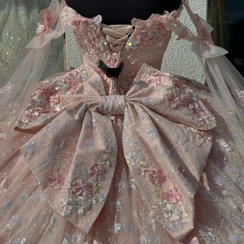 Light Pink Quinceanera Dress Off-Shoulder Lace Appliques Ball Gown