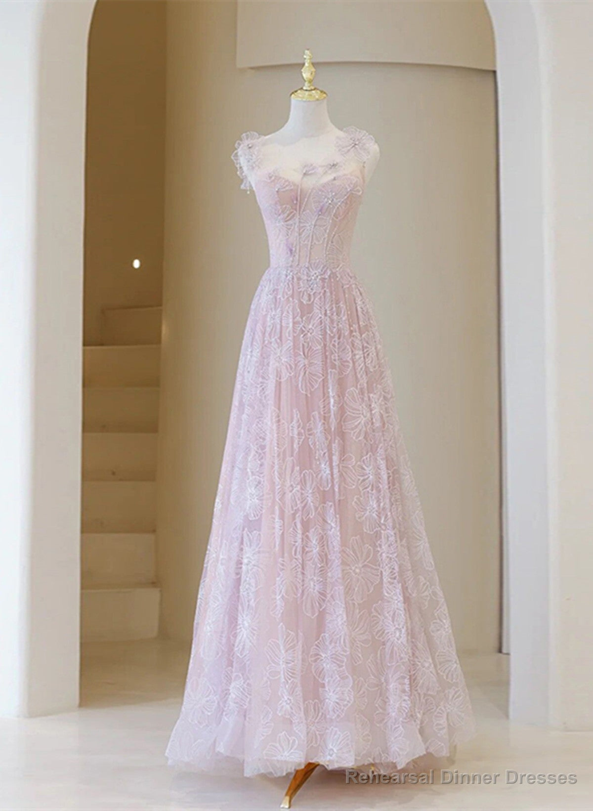 Light Pink Round Neckline Lace Long Prom Dress, A-line Pink Floor Length Party Dress Secondary image