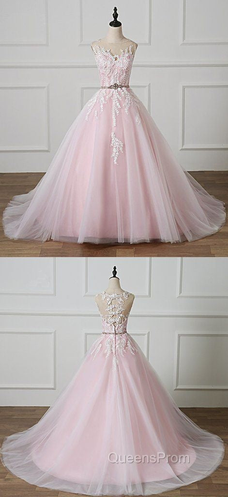Light Pink Scoop Neck Lace Applique Formal Evening Prom Dress, Beaded Wedding Dress Secondary image