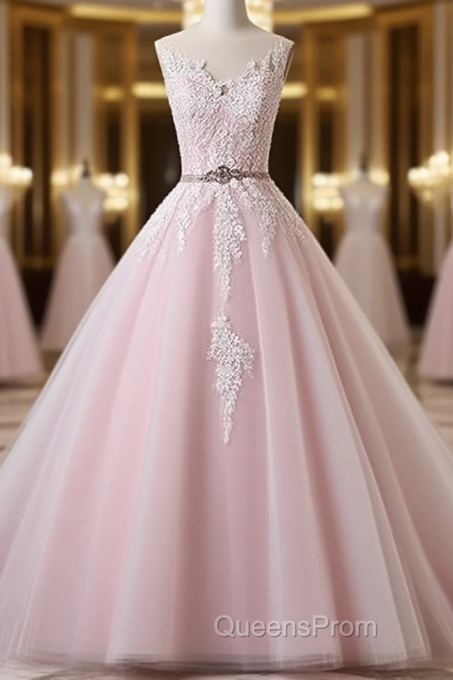 Light Pink Scoop Neck Lace Applique Formal Evening Prom Dress, Beaded Wedding Dress Main image