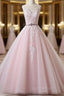 Light Pink Scoop Neck Lace Applique Formal Evening Prom Dress, Beaded Wedding Dress