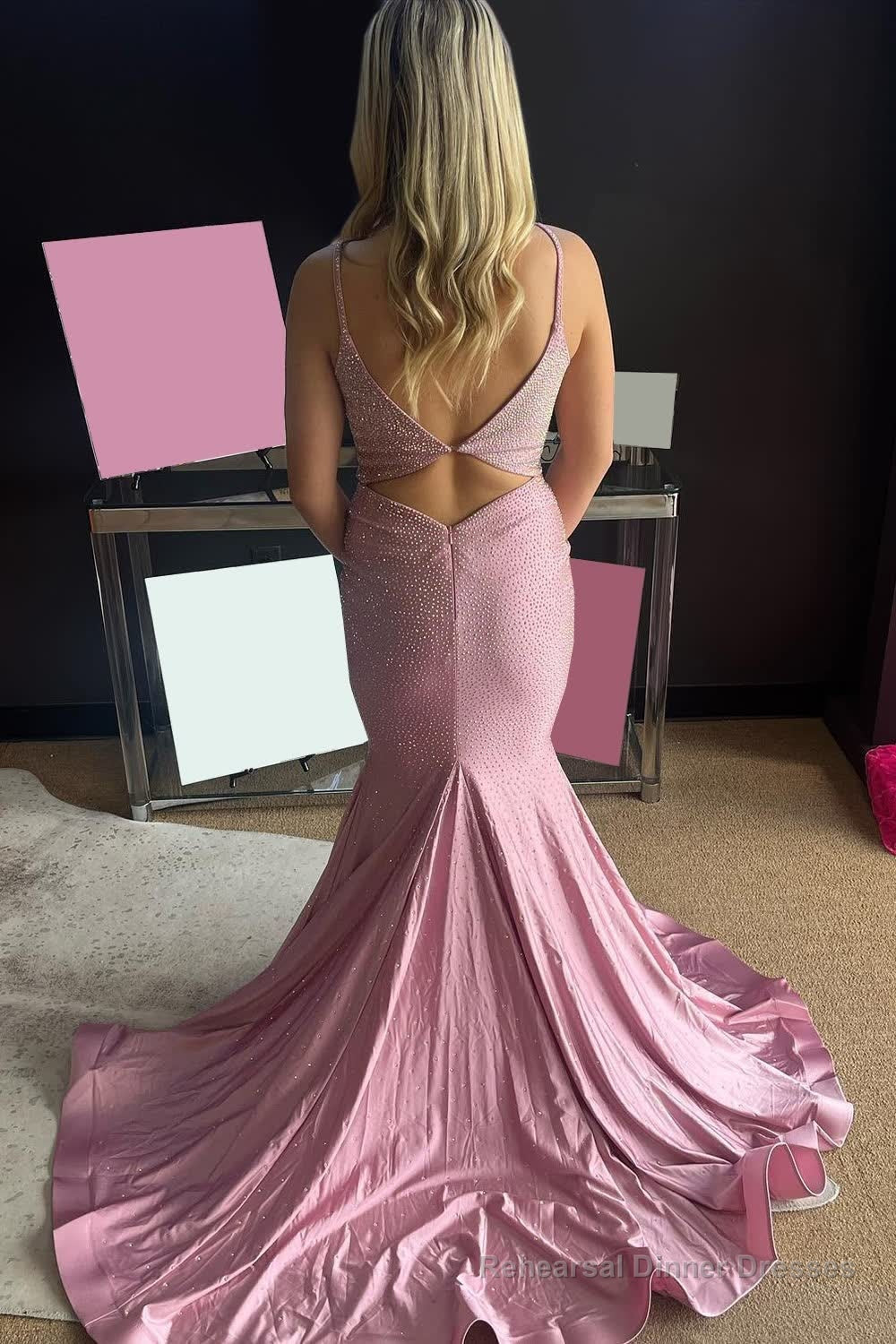 Light Pink Spaghetti Straps Keyhole Long Prom Dress With Beading Secondary image