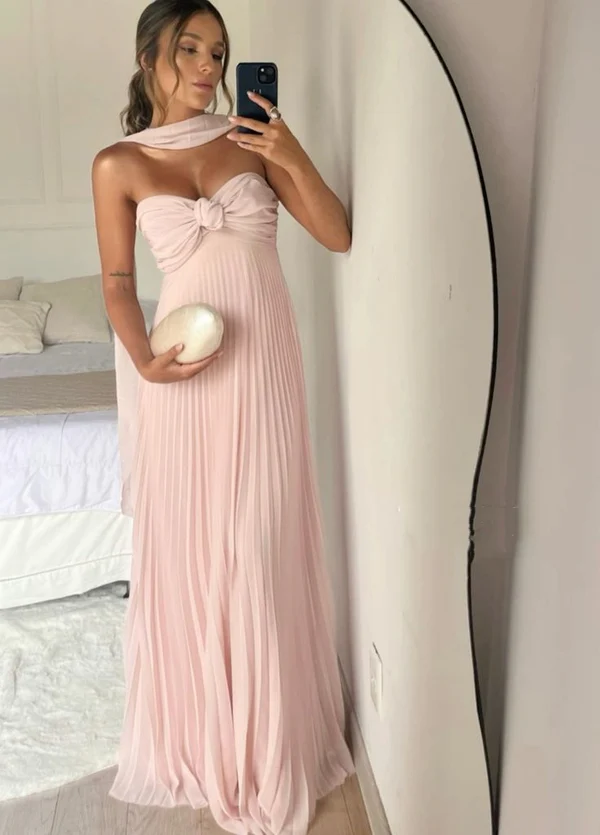 Light Pink Strapless Chiffon Long Classy Prom Dress Classy Evening Party Dress