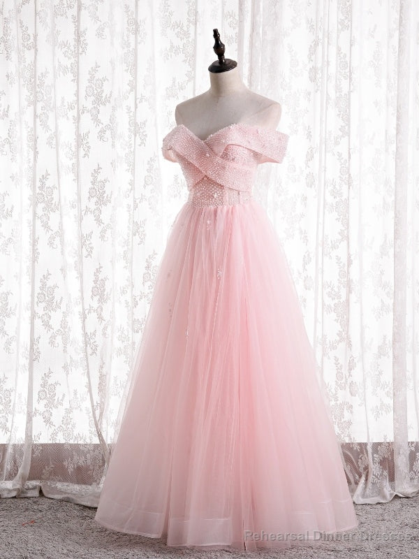 Light Pink Tulle Off the Shoulder Beading Prom Dress Main image