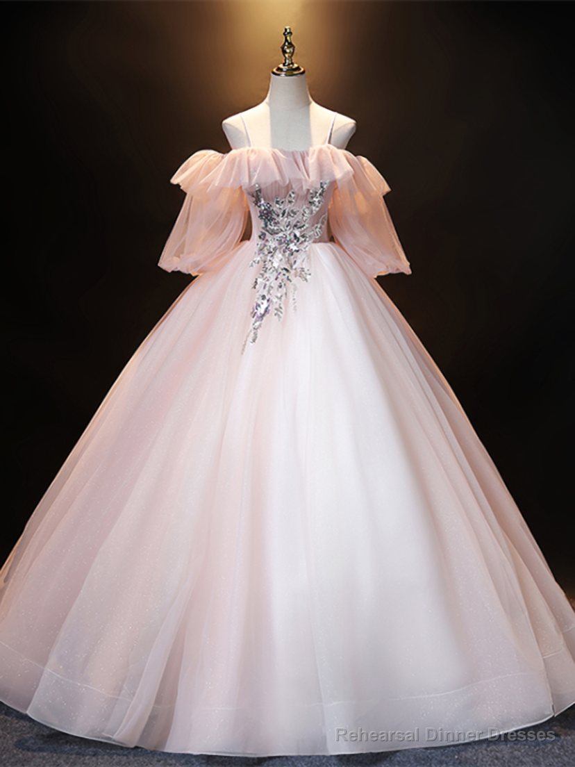 Light Pink Tulle Puff Sleeve Spaghetti Straps Quinceanera Dress Main image