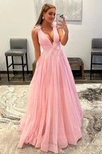 Light Pink V-Neck Backless Tulle Long Prom Dress