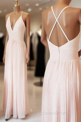 Light Pink V Neck Chiffon Long Evening Prom Dress, Pink Evening Dress