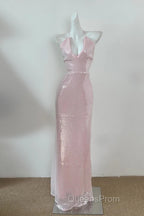 Light Pink V Neck Sheath Sequined Evening Prom Dress Birthday Dress