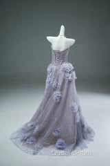 Light Purple A-Line Off-The-Shoulder Tulle Sequin Long Evening Prom Dress, Sweet Appliqu Beaded Evening Dress