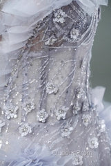 Light Purple A-Line Off-The-Shoulder Tulle Sequin Long Evening Prom Dress, Sweet Appliqu Beaded Evening Dress