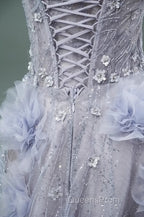 Light Purple A-Line Off-The-Shoulder Tulle Sequin Long Evening Prom Dress, Sweet Appliqu Beaded Evening Dress