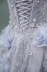 Light Purple A-Line Off-The-Shoulder Tulle Sequin Long Evening Prom Dress, Sweet Appliqu Beaded Evening Dress