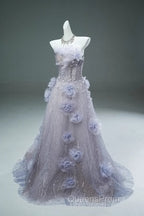 Light Purple A-Line Off-The-Shoulder Tulle Sequin Long Evening Prom Dress, Sweet Appliqu Beaded Evening Dress