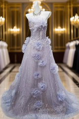 Light Purple A-Line Off-The-Shoulder Tulle Sequin Long Evening Prom Dress, Sweet Appliqu Beaded Evening Dress