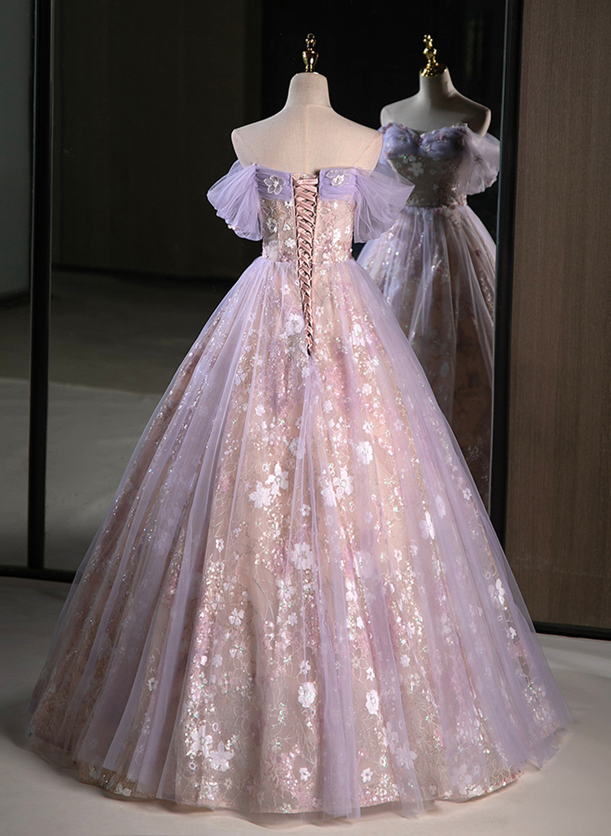 Light Purple A-Line Tulle With Floral Long Classy Prom Dress, Light Purple Classy Evening Dress Party Dress