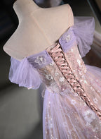 Light Purple A-Line Tulle With Floral Long Classy Prom Dress, Light Purple Classy Evening Dress Party Dress
