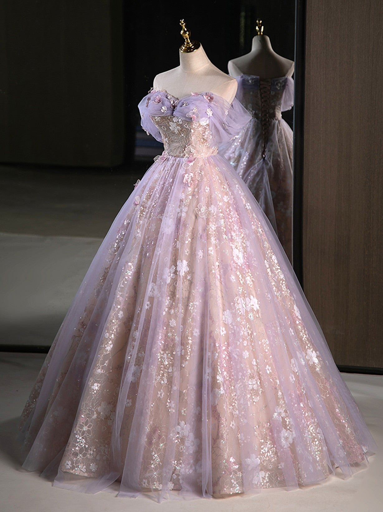 Light Purple A-Line Tulle With Floral Long Classy Prom Dress, Light Purple Classy Evening Dress Party Dress