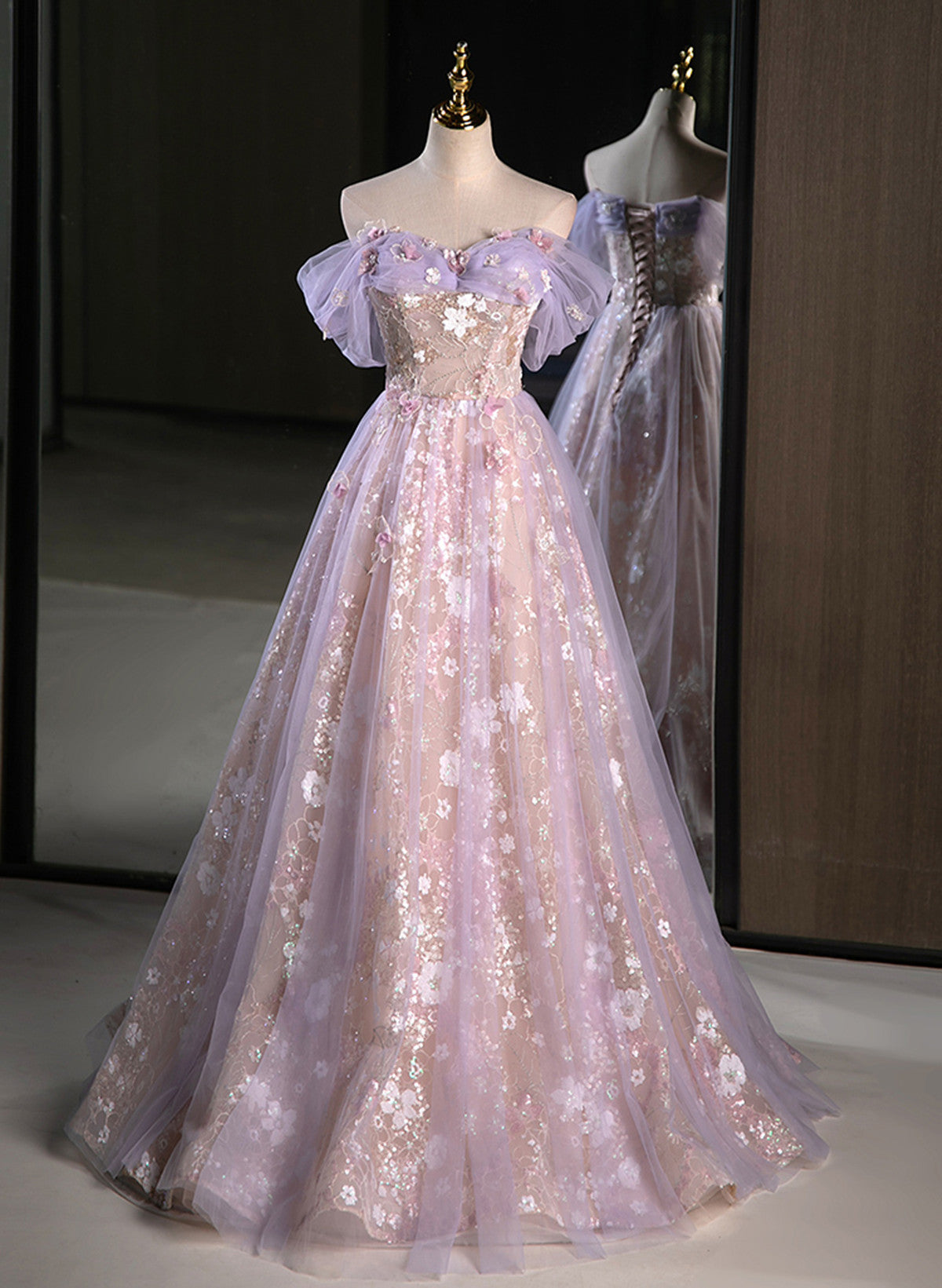 Light Purple A-Line Tulle With Floral Long Classy Prom Dress, Light Purple Classy Evening Dress Party Dress