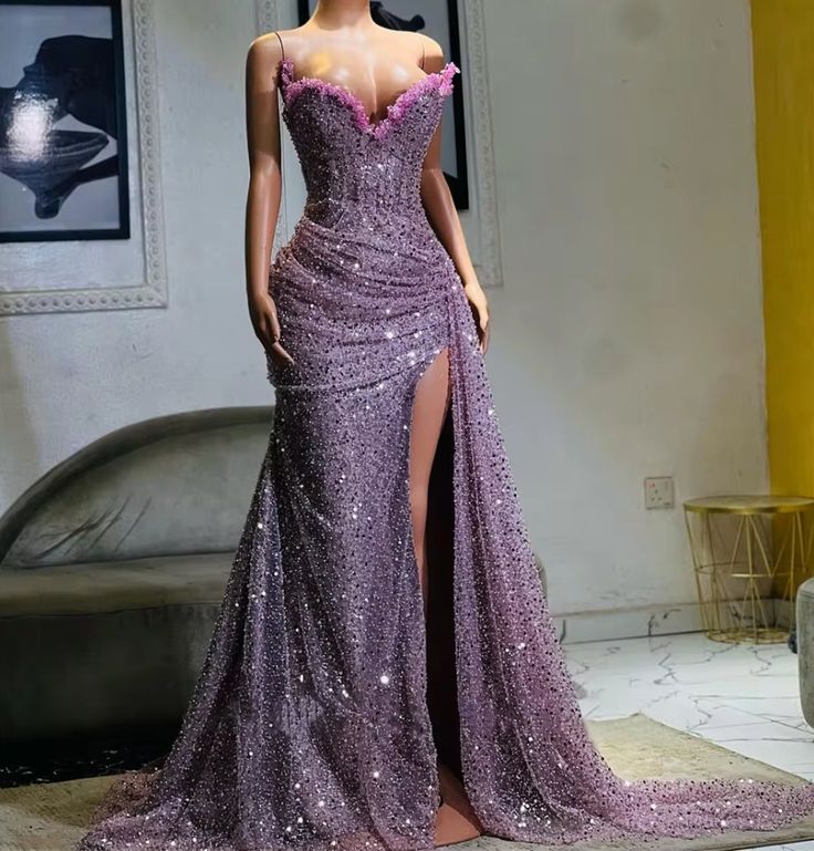 Light Purple High Split Classy Evening Dress, Sweetheart Mermaid Classy Prom Dress, Elegant Dress For Wedding
