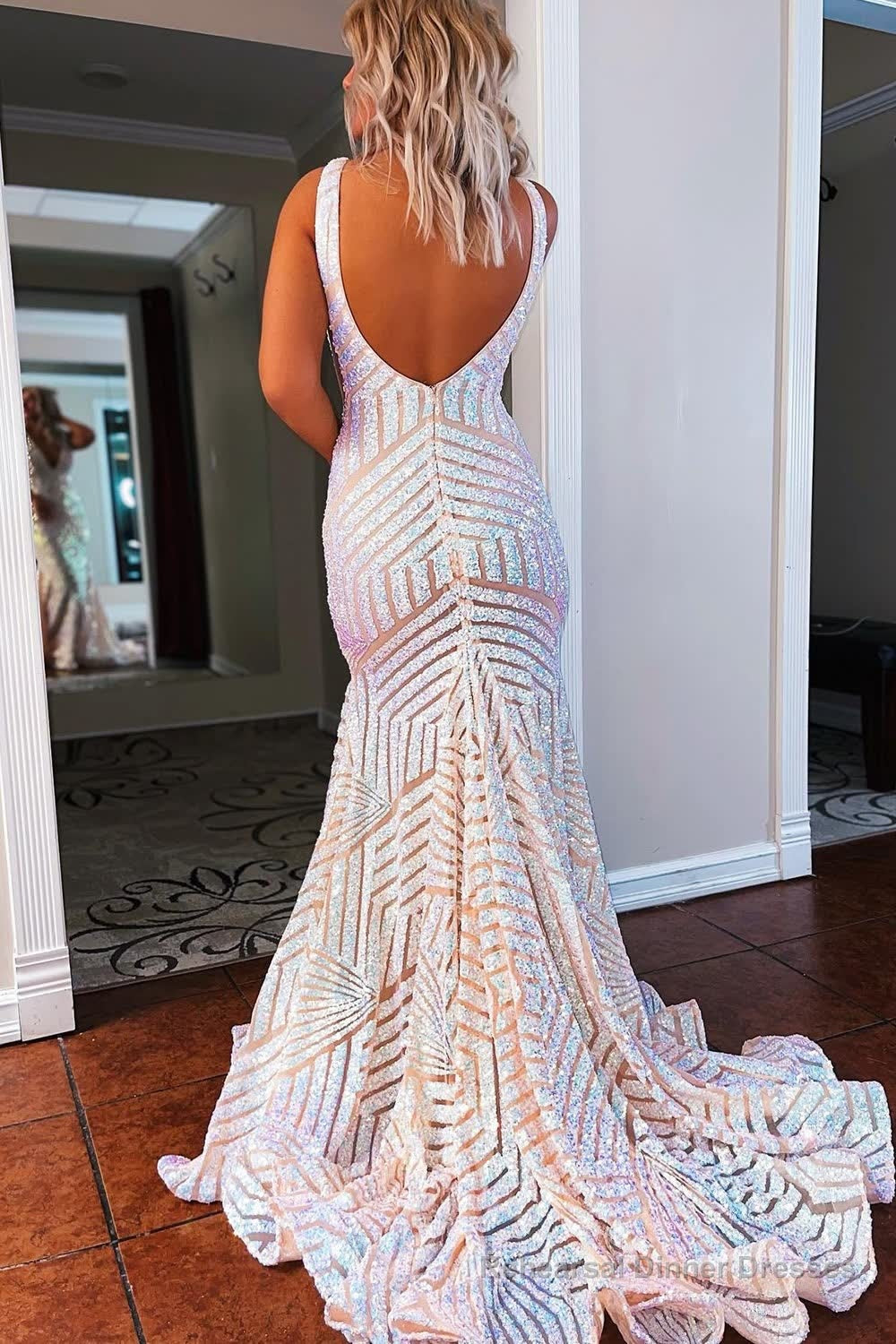 Light Purple Deep V Neck Sequin Mermaid Prom Dress