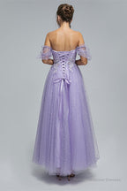 Light Purple Lace And Sequins Tulle Off The Shoulder Floor Length Dresses