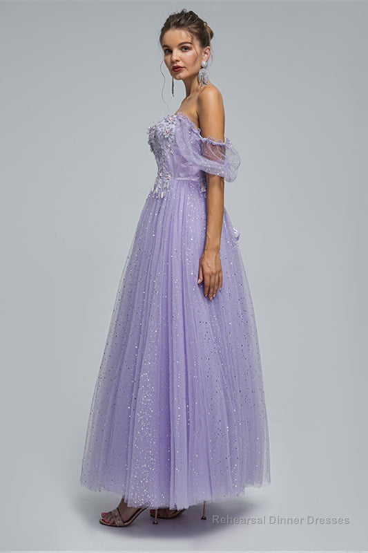 Light Purple Lace And Sequins Tulle Off The Shoulder Floor Length Dresses