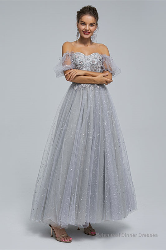 Light Purple Lace And Sequins Tulle Off The Shoulder Floor Length Dresses