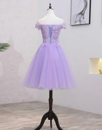 Light Purple Lace And Tulle Off The Shoulder Homecoming Dress, Short Party Dress