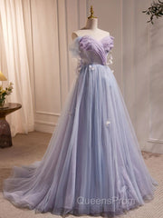 Light Purple Off Shoulder Sweetheart Long Formal Dress, Light Purple Tulle Evening Prom Dress