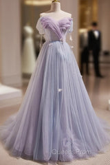 Light Purple Off Shoulder Sweetheart Long Formal Dress, Light Purple Tulle Evening Prom Dress