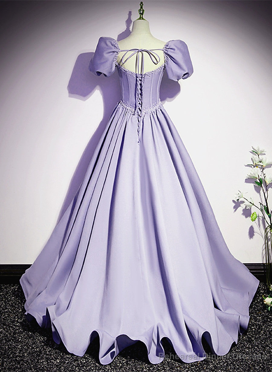 Light Purple Satin Short Sleeves Beaded Party Dress, A-line Long Prom Dress Secondary image